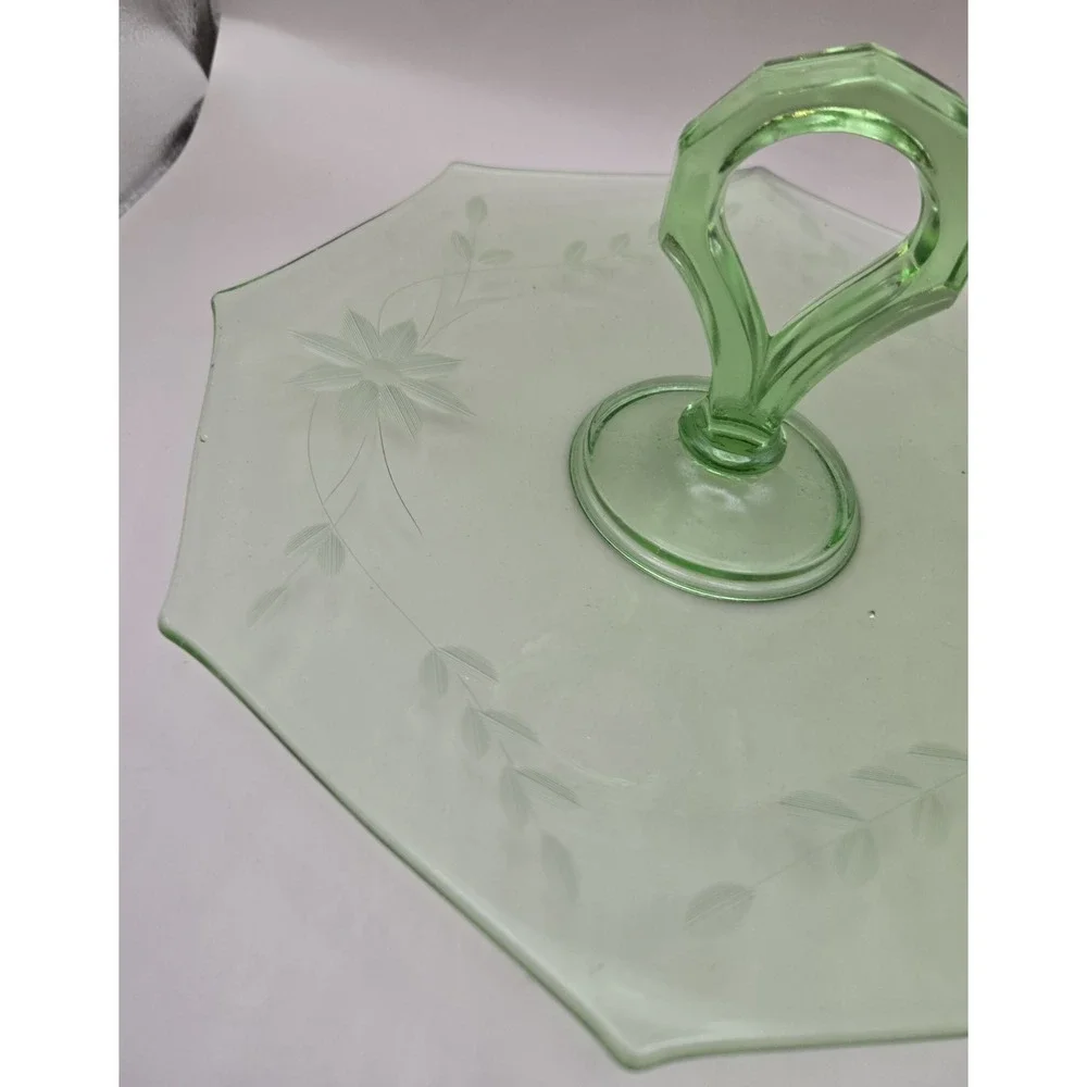 VTG Uranium Platter Glossy Depression Glass  Center Handle Octagon Floral Etched